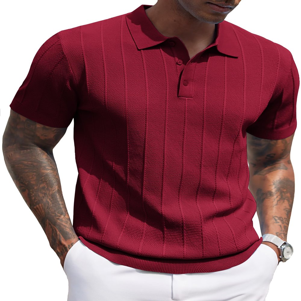 COOFANDY Mens Golf Shirt Ribbed Knitted Polo Shirts Business Casual Polos Shirt Vintage Textured Collared Shirts Trendy Summer Clothes 2025 Wine Red