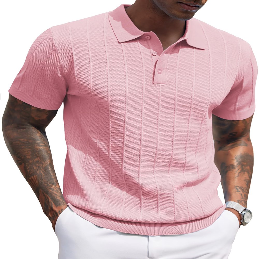 COOFANDY Mens Knit Polo Shirts Short Sleeve Ribbed Textured Polo Shirt Lightweight Casual Golf Shirts Collared T Shirt Dark Pink