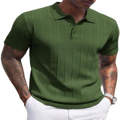 COOFANDY Mens Golf Polo Shirts Ribbed Textured Knit Polo Shirt Business Banded Bottom Shirts Casual V Neck Polo Shirts Collared Shirts Short Sleeve Army Green