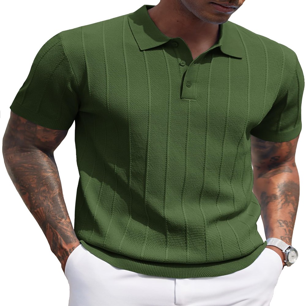 COOFANDY Mens Golf Polo Shirts Ribbed Textured Knit Polo Shirt Business Banded Bottom Shirts Casual V Neck Polo Shirts Collared Shirts Short Sleeve Army Green
