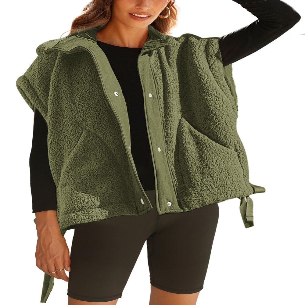 GTLIAE Womens Sherpa Fleece Vest Oversized Sleeveless Jacket Casual Outerwear Gilet with Pockets(ArmyGreen-XS)