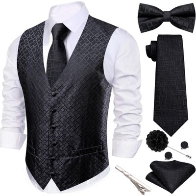 Barry.Wang Black Plaid Men's Suit Vest Tie Bowtie Set Formal Silk Flower Waistcoat Hanky Cufflinks Brooch Wedding Party 7PCS