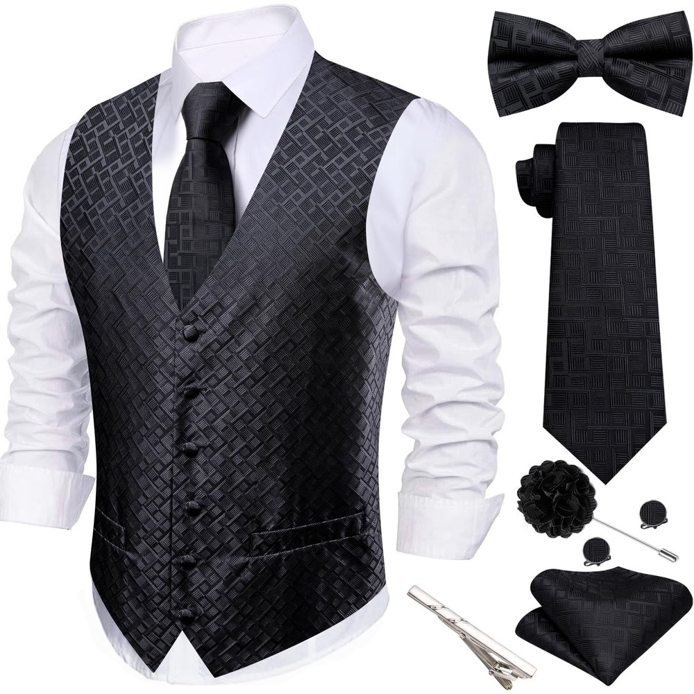 Barry.Wang Black Plaid Men's Suit Vest Tie Bowtie Set Formal Silk Flower Waistcoat Hanky Cufflinks Brooch Wedding Party 7PCS