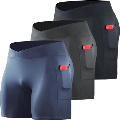 NELEUS Men's 3 Pack Nylon Running Workout Compression Shorts with Pocket,6115 Black/Grey/Navy Blue,M