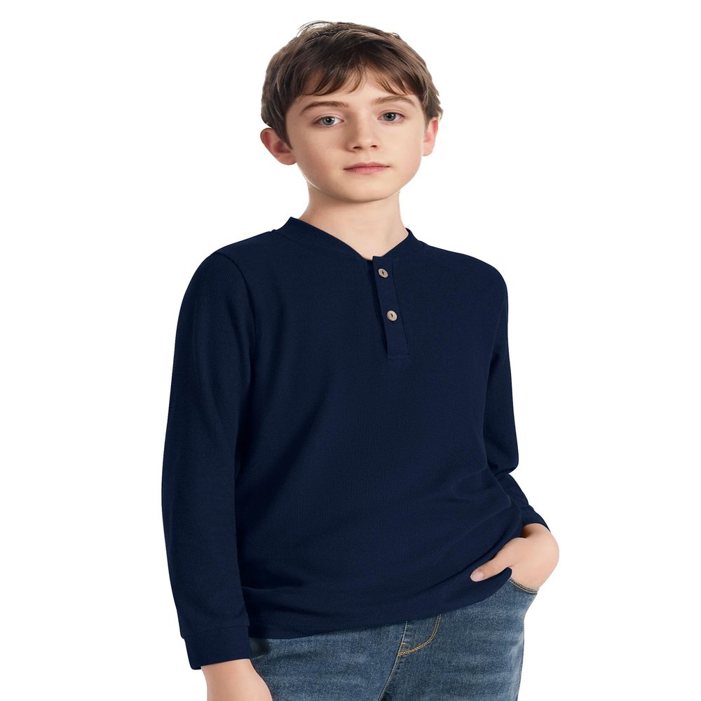 Boys Henley Long Sleeve Shirts Cotton T-Shirts for Boy Spring Fall Winter Kids Casual Basic Tee Tops Navy Blue 11-12 Years