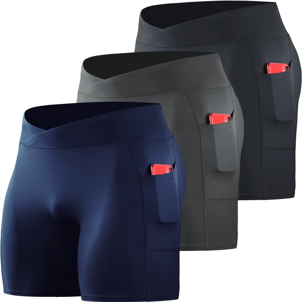 NELEUS Men's 3 Pack Nylon Running Workout Compression Shorts with Pocket,6115 Black/Grey/Dark Navy,S