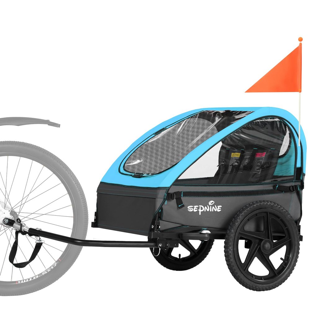 Sepnine Kids Bike Trailer, Suitable for 1 to 2 Kids, 12+ Months, Quick Attach to Bike, Foldable, with 5-Point Harness and Storage Bags Blue