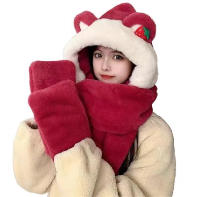 Women Girls Cute Bear Ears Hoodie Hat Long Scarf Gloves Set Thermal Cozy 3 in 1 Faux Fur Cap for Winter Warm Skiing Hat