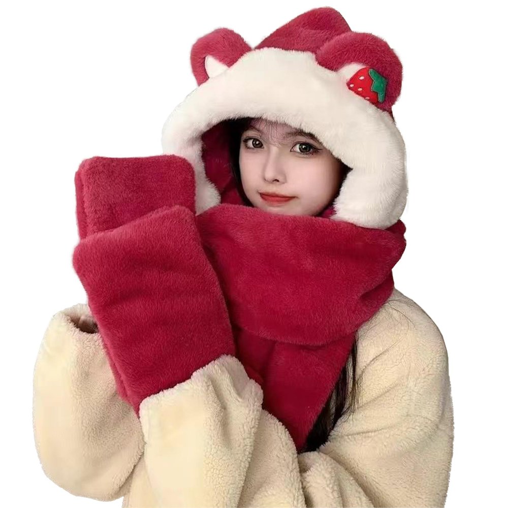 Women Girls Cute Bear Ears Hoodie Hat Long Scarf Gloves Set Thermal Cozy 3 in 1 Faux Fur Cap for Winter Warm Skiing Hat