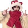 Women Girls Cute Bear Ears Hoodie Hat Long Scarf Gloves Set Thermal Cozy 3 in 1 Faux Fur Cap for Winter Warm Skiing Hat view 2