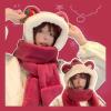 Women Girls Cute Bear Ears Hoodie Hat Long Scarf Gloves Set Thermal Cozy 3 in 1 Faux Fur Cap for Winter Warm Skiing Hat view 4