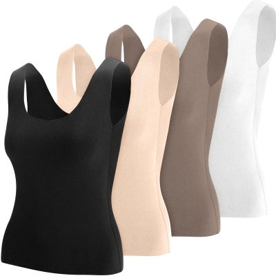 Toulite 4 Pcs Thermal Tank Tops Women Underwear Tops Sleeveless Undershirt for Women Cotton Camisole Warm Base Layer(Black, White, Nude Color, Coffee,XX-Large)