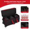 Aleemin 3 Ball Bowling Bag with Wheels, Bowling Bag 3 Ball Roller with Shoe Compartment (Fits Up to Size 16), with Multi-pocket and Retractable Handle Extends to 41.5" (Red) view 2