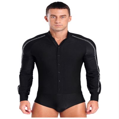 iiniim Men's Long Sleeve Ballroom Latin Salsa Dance Shirt Bodysuit Button Sparkly Rhinestones Leotard Tops Black Large