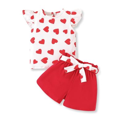 Size 6 7 T Toddler Kid Little Girl Valentine's Day Outfits Clothes Ruffle Short Sleeve Floral T-Shirt Top Summer Shorts with Belt Girl Clothing Set 2025 (6-7T)