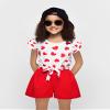Size 6 7 T Toddler Kid Little Girl Valentine's Day Outfits Clothes Ruffle Short Sleeve Floral T-Shirt Top Summer Shorts with Belt Girl Clothing Set 2025 (6-7T) view 3