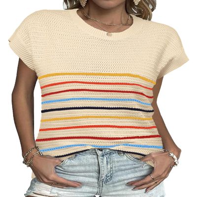 Zeagoo Sleeveless Sweater Tops for Women Pullover Tank Top Round Neck Knit Striped Casual Sweaters