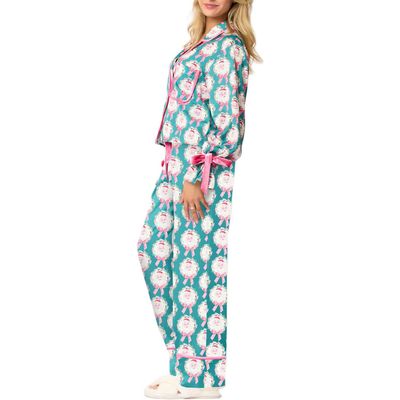 Amiblvowa Women Graphic Print Christmas Set Pajamas Bow Tie Cuff Long Sleeve Shirt Pj Pants Xmas Y2K 2 Piece Satin Loungewear Sky Blue