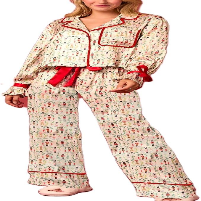 Amiblvowa Women Graphic Print Christmas Set Pajamas Bow Tie Cuff Long Sleeve Shirt Pj Pants Xmas Y2K 2 Piece Satin Loungewear Coral Red