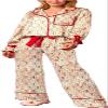 Amiblvowa Women Graphic Print Christmas Set Pajamas Bow Tie Cuff Long Sleeve Shirt Pj Pants Xmas Y2K 2 Piece Satin Loungewear Coral Red view 1