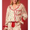 Amiblvowa Women Graphic Print Christmas Set Pajamas Bow Tie Cuff Long Sleeve Shirt Pj Pants Xmas Y2K 2 Piece Satin Loungewear Coral Red view 3
