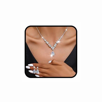 Gangel Rhinestone Necklace Earrings Set Brides Wedding Prom Necklace Earring Jewelry for Women (sliver)