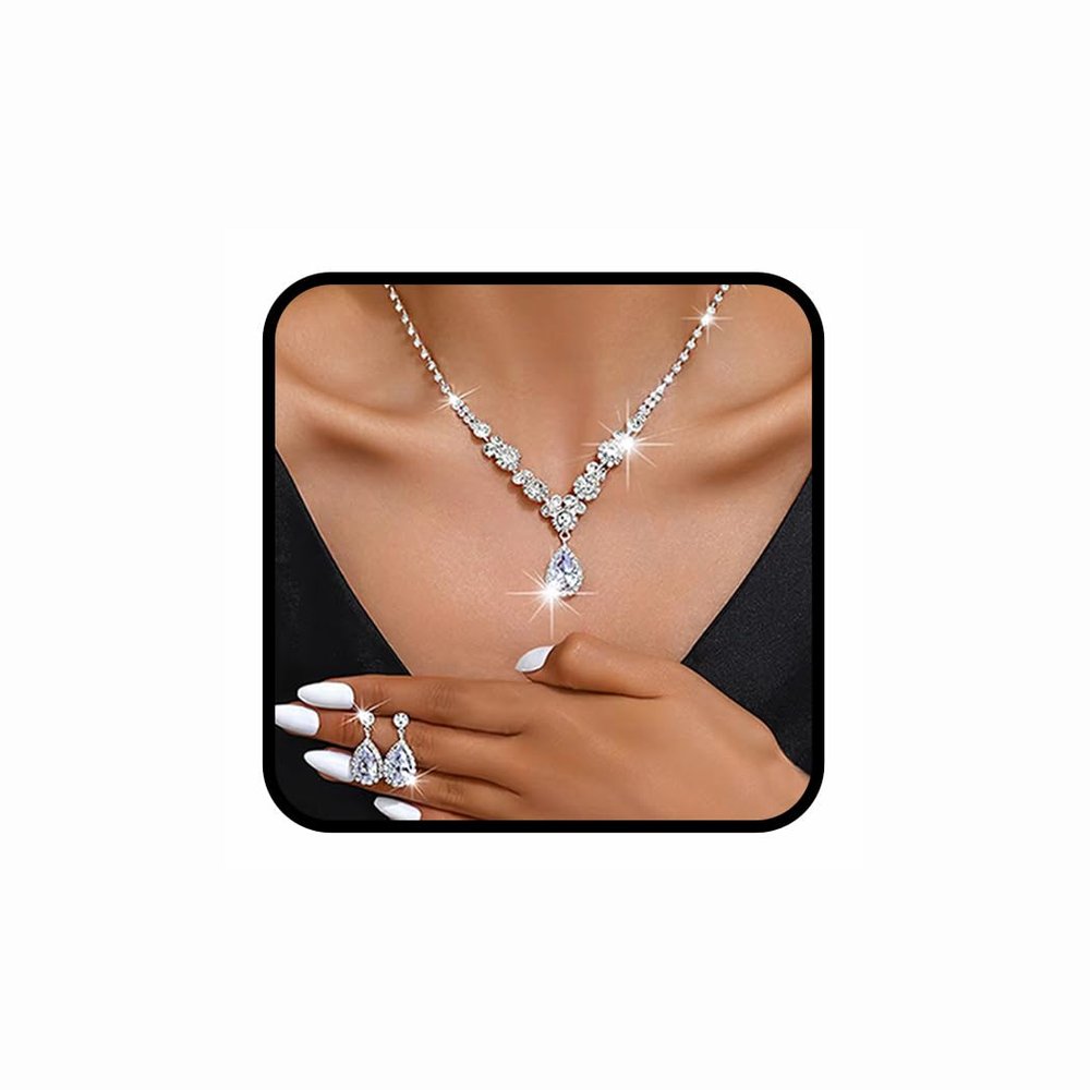 Gangel Rhinestone Necklace Earrings Set Brides Wedding Prom Necklace Earring Jewelry for Women (sliver)