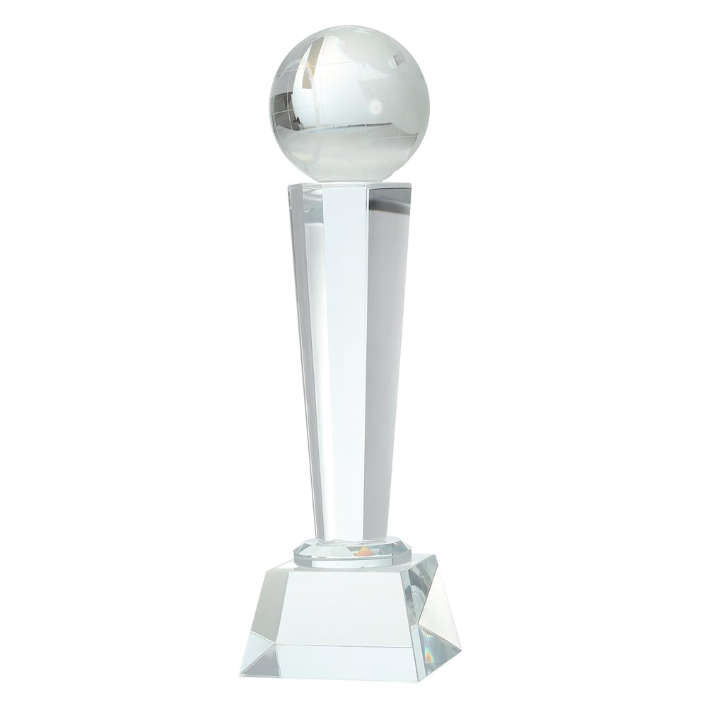 MECCANIXITY Crystal Glass Trophy with Box 9 x 2.8 Inch, Earth Champions Award for Desktop Table Decor Tournaments Sports Competitions Paperweight, Clear