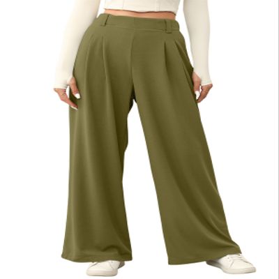 EVALESS Wide Leg Fleece Lined Pants for Women Elastic High Waisted Business Work Casual Waffle Knit Trousers 2025 Fall Winter Trendy Palazzo Pants Slacks with Pockets Petite Green Small