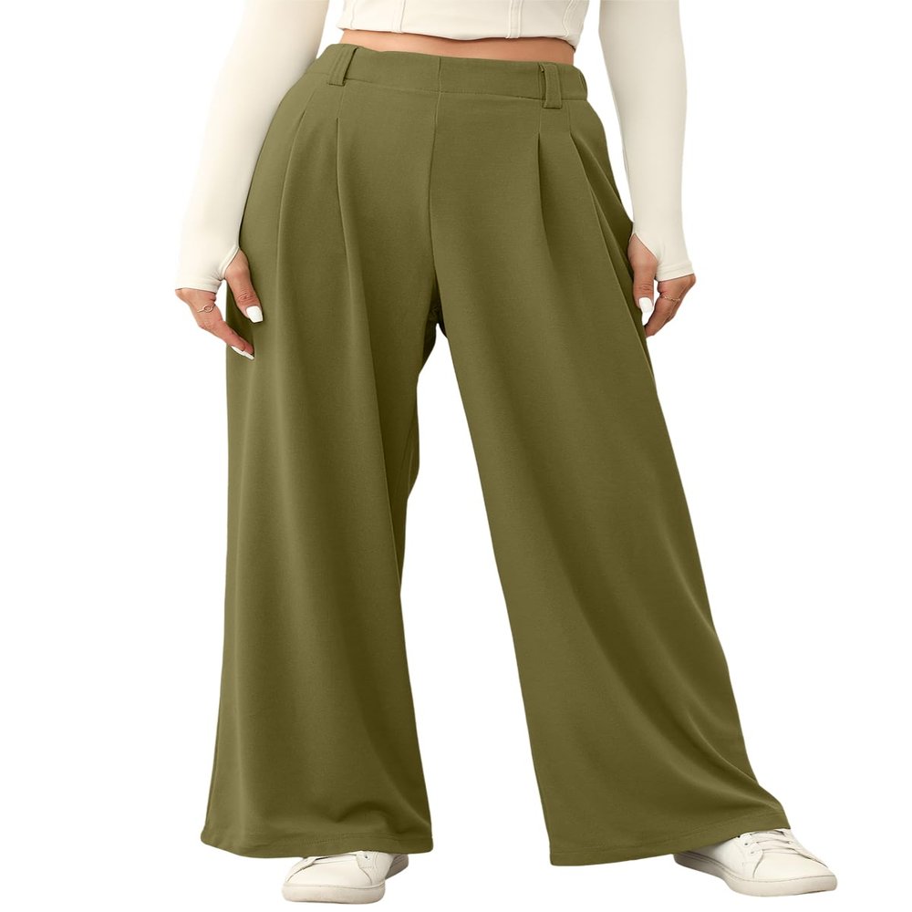 EVALESS Wide Leg Fleece Lined Pants for Women Elastic High Waisted Business Work Casual Waffle Knit Trousers 2025 Fall Winter Trendy Palazzo Pants Slacks with Pockets Petite Green Small