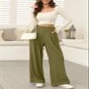 EVALESS Wide Leg Fleece Lined Pants for Women Elastic High Waisted Business Work Casual Waffle Knit Trousers 2025 Fall Winter Trendy Palazzo Pants Slacks with Pockets Petite Green Small view 3
