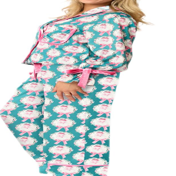 Argeousgor Women 2 Piece Christmas Pajamas Set Bow Tie Long Sleeve Button Shirts Ruffle Pants Cute Pjs Sets Sleepwear S