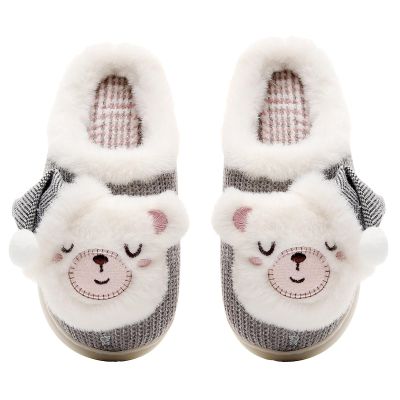 Anddyam Girls Cute Bear Slippers Household Anti-Slip Indoor Home Shoe for Kids(8-9 toddler, bear grey)