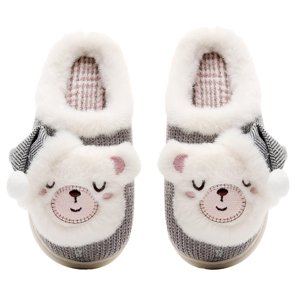 Anddyam Girls Cute Bear Slippers Household Anti-Slip Indoor Home Shoe for Kids(8-9 toddler, bear grey)