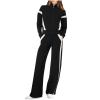 Zipper Sweatsuits Women 2 Piece Outfit Color Block Matching Set Crop Long Sleeve Jackets Straight Leg Workout Pants Clothing Set for Women Knit Romper Black Large view 2