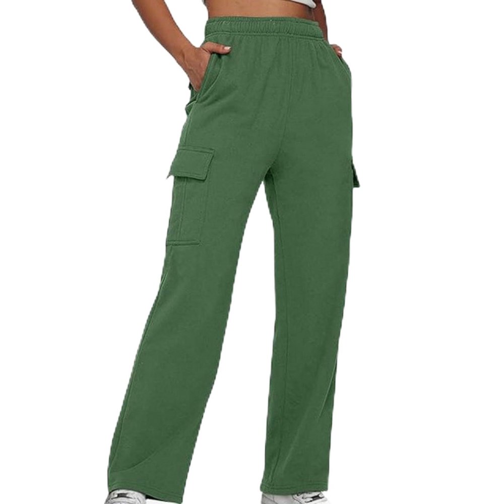 Women Fleece Cargo Sweatpants Casual Loose Fit Straight Leg Joggers Pants High Waisted Baggy Comfy Lounge Sweat Pants Green