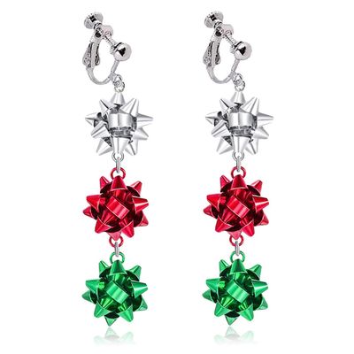 Bow Clip on Earrings Non Pierced for Women Cute Red Green Christmas Tree Dangle Holiday Crazy Party Drop Trendy Jewelry Screw Back