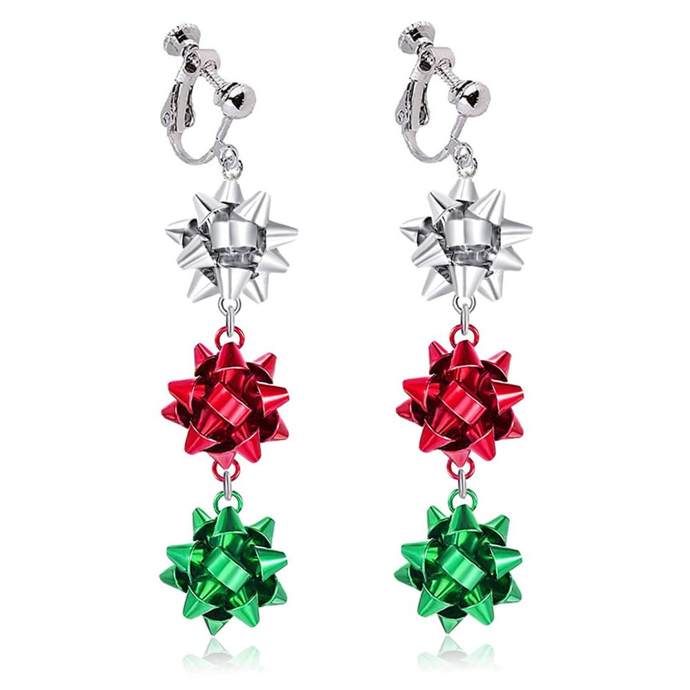 Bow Clip on Earrings Non Pierced for Women Cute Red Green Christmas Tree Dangle Holiday Crazy Party Drop Trendy Jewelry Screw Back
