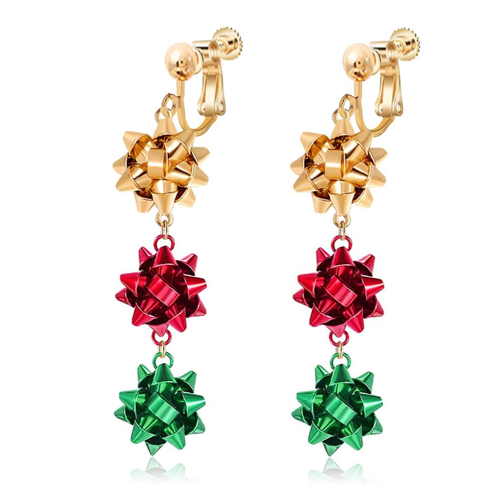 Bow Clip on Earrings Non Pierced for Women Cute Red Green Christmas Tree Dangle Holiday Crazy Party Drop Trendy Jewelry Screw Back
