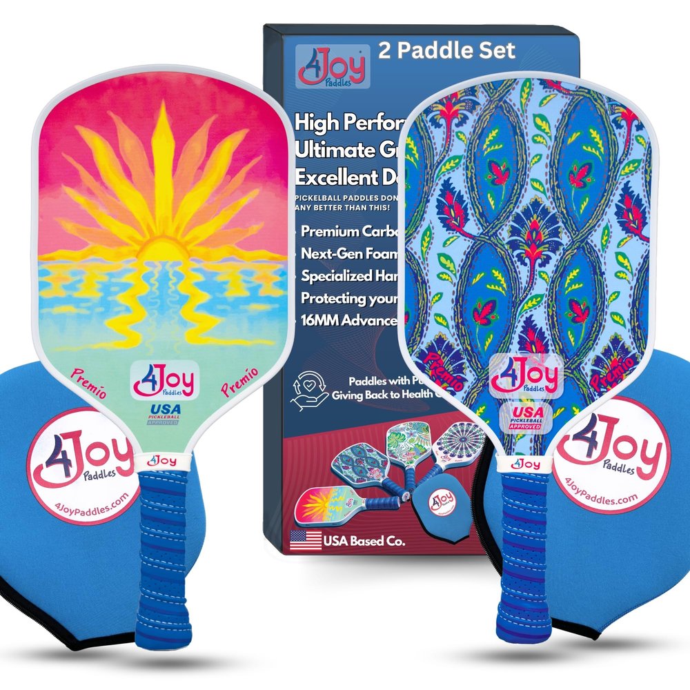4Joy Pickleball Paddle - Premio Series - Thermoformed Premium T700 Carbon Fiber Pickleball Paddle Face - 16MM Honeycomb Core - Carbon Fiber - Cushioned Vegan Leather Stitched Grip (Sunset & Damask)