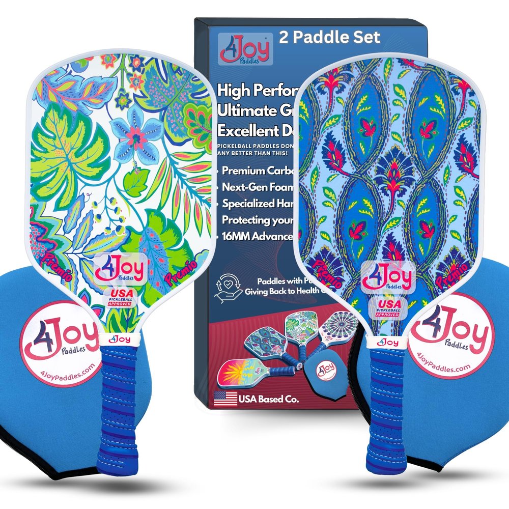 4Joy Pickleball Paddle - Premio Series - Thermoformed Premium T700 Carbon Fiber Pickleball Paddle Face - 16MM Honeycomb Core - Carbon Fiber - Cushioned Vegan Leather Stitched Grip (Damask & Palm)
