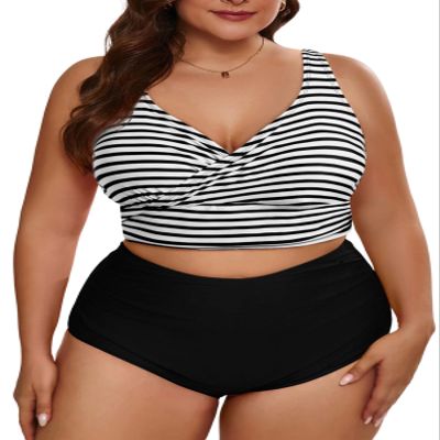 Eytino Womens Plus Size Bikini Sets V Neck Push Up Bikini Tops High Waisted Swim Bottom Striped Color Block 2 Piece Bathing Suits,3X Striped