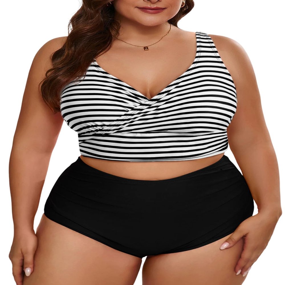 Eytino Womens Plus Size Bikini Sets V Neck Push Up Bikini Tops High Waisted Swim Bottom Striped Color Block 2 Piece Bathing Suits,3X Striped