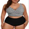 Eytino Womens Plus Size Bikini Sets V Neck Push Up Bikini Tops High Waisted Swim Bottom Striped Color Block 2 Piece Bathing Suits,3X Striped view 1