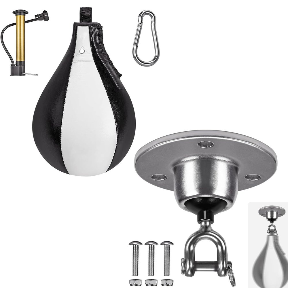 BeneLabel Boxing Speed Bag Kit & Swivel - Premium Leather Speed Bag with 360 Stainless Steel Swivel, Carabiner, and Inflator - Ideal for Boxing, MMA, Muay Thai Training