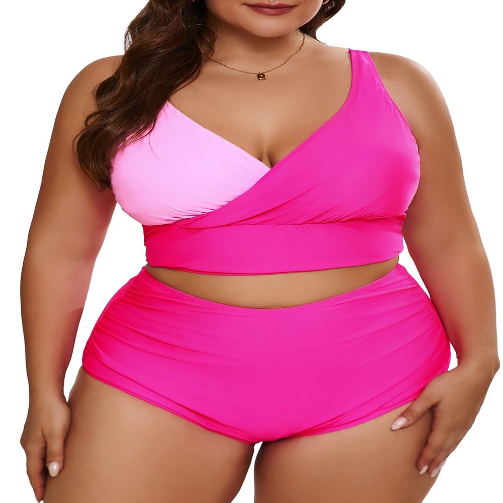 Eytino Plus Size Bikini Sets for Women V Neck Front Wrap Push Up Bikini Tops High Waist Bottom Color Block 2 Piece Swimsuits,5X Bright Pink