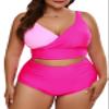 Eytino Plus Size Bikini Sets for Women V Neck Front Wrap Push Up Bikini Tops High Waist Bottom Color Block 2 Piece Swimsuits,5X Bright Pink view 1