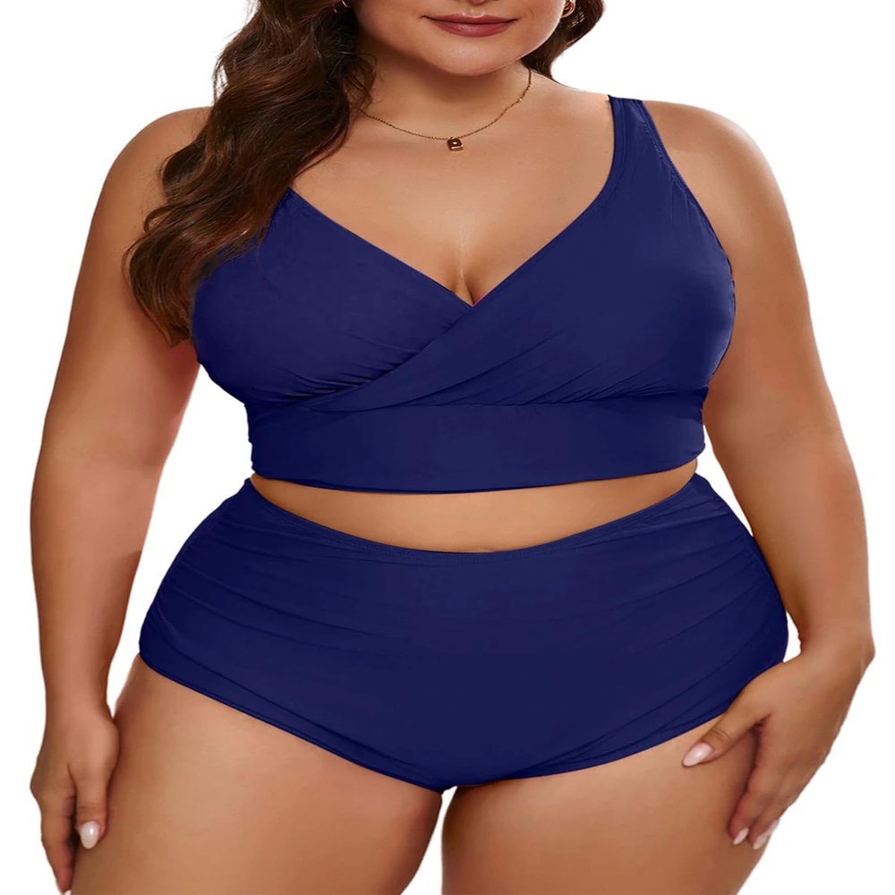 Eytino Women's Plus Size Bikini Sets Push Up Front Wrap Bikini Top High Waisted Bottom Solid Two Pieces Bathing Suits,1X Navy Blue