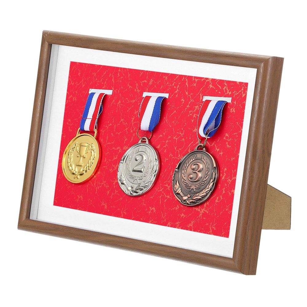 PATIKIL Medal Display Case, 3 Medal Display Frame Medal Shadow Box Sports Medal Display Picture Frame for Marathon Swimming Triathlon, Red Base Rosewood A4