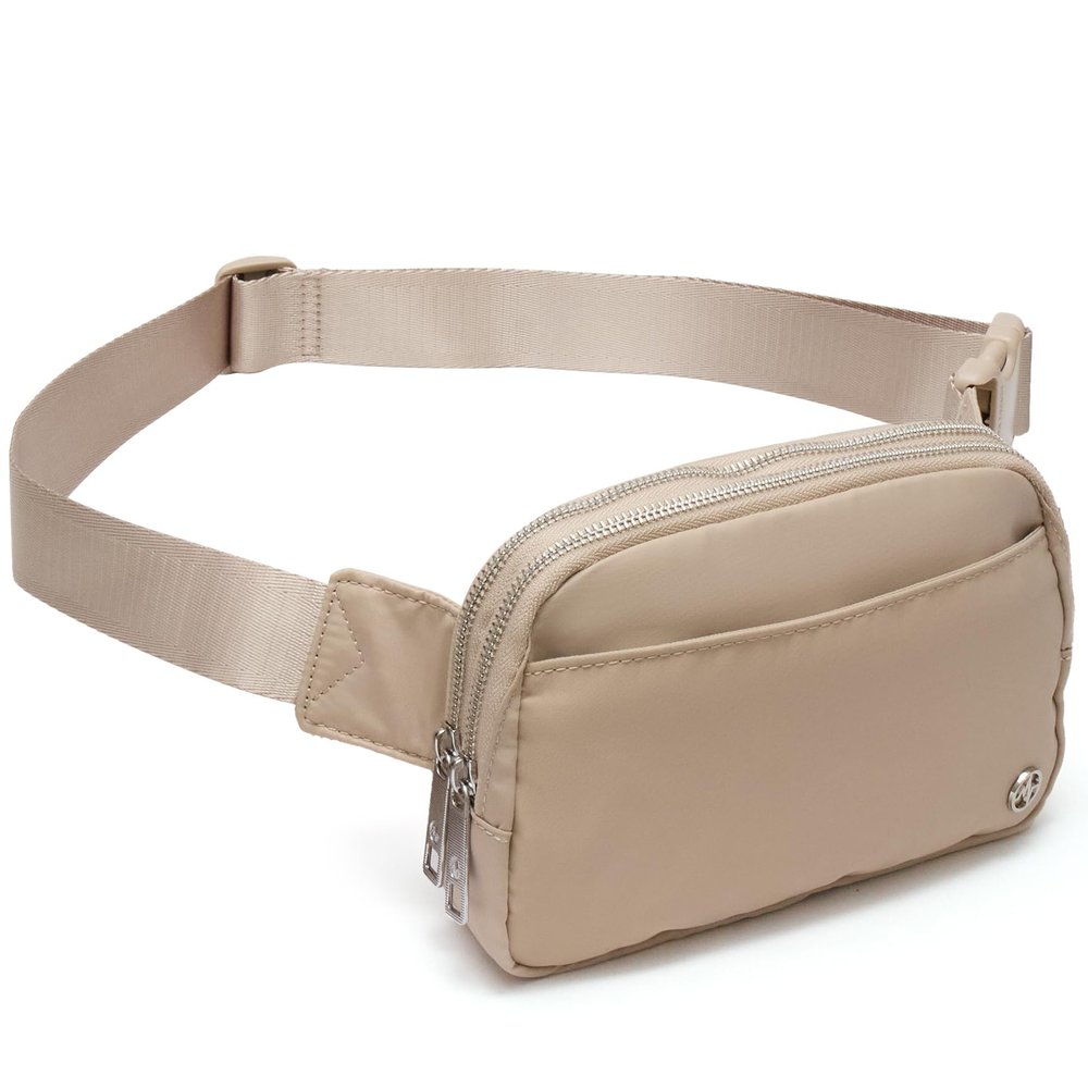 Pander Everywhere Belt Bag for Women, 5 Zipper Pockets Nylon Crossbody Fanny Pack Purse (Raw Linen).